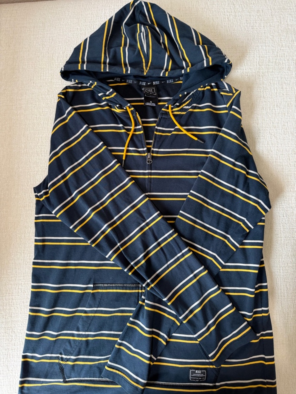 Nike Navy Blue Striped Lightweight Hooded Shirt Jacket with Yellow Accents